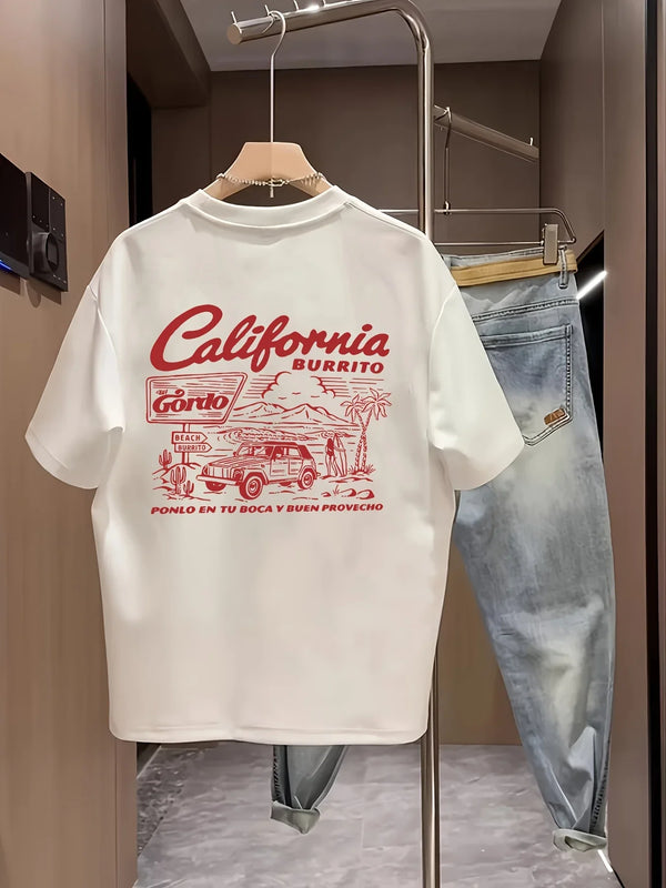 Vintage California Burrito Men's T-shirt Retro West Coast Graphic Oversized Cotton Short Sleeve Tops Summer Streetwear