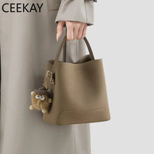 2026 New CEEKAY Khaki Leather Bucket Bag Minimalist Shoulder Bag with Cute Plush Pendant Casual Handbag for Women Bags for Women