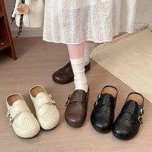 Women Retro Brogue Mule Clogs Round Toe Hollow‑Out Double Buckle Smooth Faux Leather Flat Slippers Spring Autumn Walking Shoes