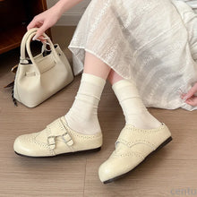 Women Retro Brogue Mule Clogs Round Toe Hollow‑Out Double Buckle Smooth Faux Leather Flat Slippers Spring Autumn Walking Shoes