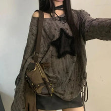 Y2K Hole Star Print T-Shirt Women Fashion Streetwear Off Shoulder Tops Summer Oversized Kpop Long Sleeve Loose Tees Ladies New