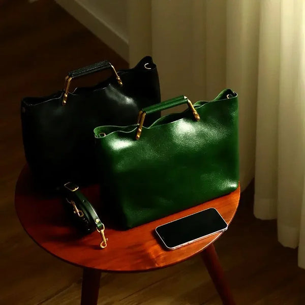 Brand Luxury Leather Green Bucket Bag Classic Women Solid Color Minimalist Tote Bag Fashionable Casual Versatile Shoulder Bag