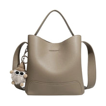 2026 New CEEKAY Khaki Leather Bucket Bag Minimalist Shoulder Bag with Cute Plush Pendant Casual Handbag for Women Bags for Women
