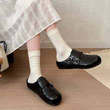 Women Retro Brogue Mule Clogs Round Toe Hollow‑Out Double Buckle Smooth Faux Leather Flat Slippers Spring Autumn Walking Shoes