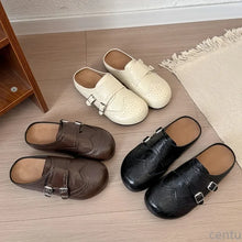Women Retro Brogue Mule Clogs Round Toe Hollow‑Out Double Buckle Smooth Faux Leather Flat Slippers Spring Autumn Walking Shoes