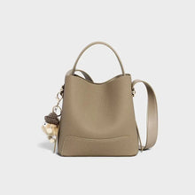 2026 New CEEKAY Khaki Leather Bucket Bag Minimalist Shoulder Bag with Cute Plush Pendant Casual Handbag for Women Bags for Women