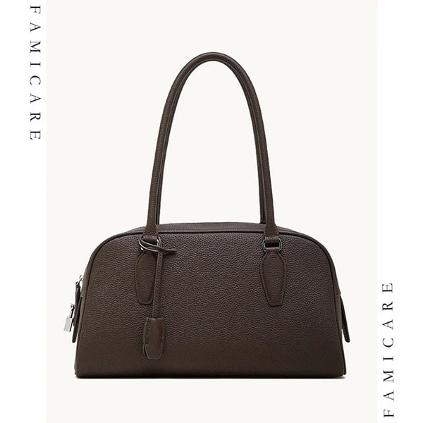 2026 New Casual Women’s High Quality Genuine Leather Top Handle Boston Bags Solid Color Minimalist Design Lady Shoulder Bag