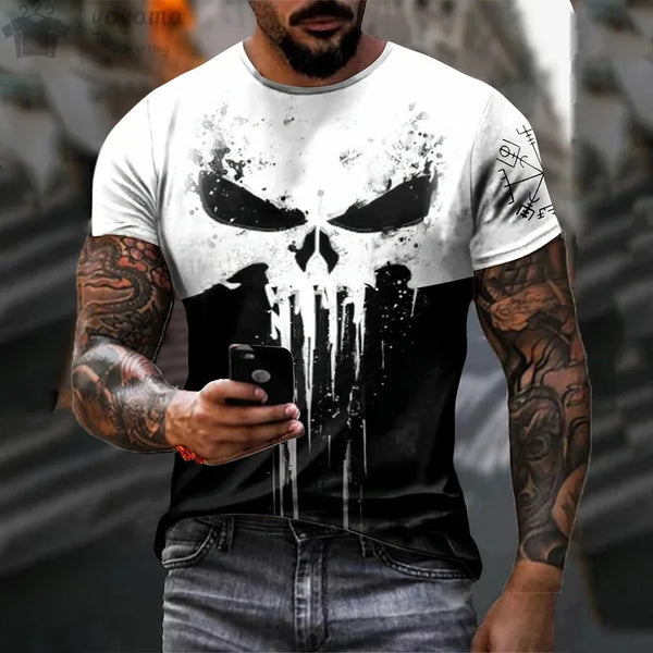 Men's T-shirt 3d printed military patriotic skull O-neck T-shirt, oversized T-shirt, short-sleeved T-shirt, men's sportswear top