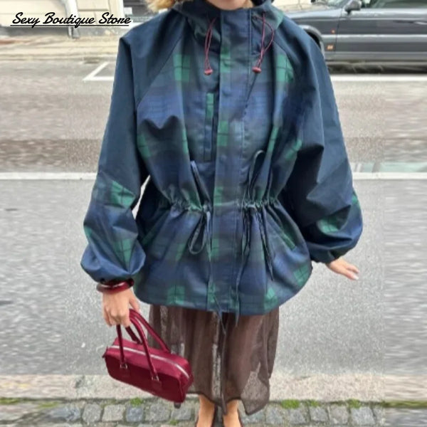 Autumn Winter Vintage Plaid Oversize Jacket For Women Loose High Neck Loose Hoodie Coat Lace Up Outwear 2025 New Lady Streetwear