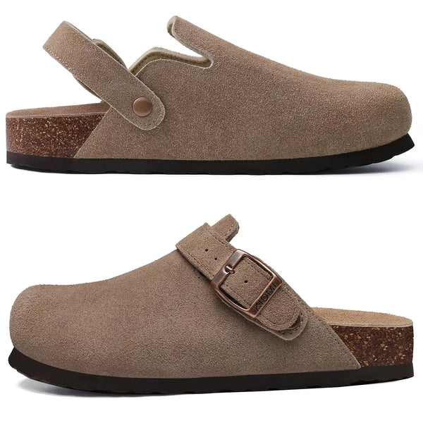 2026 Women Suede Clogs With Adjustable Buckle Cork Leather Mules Comfortable Slip on Women Slippers Outdoor Cork Clogs