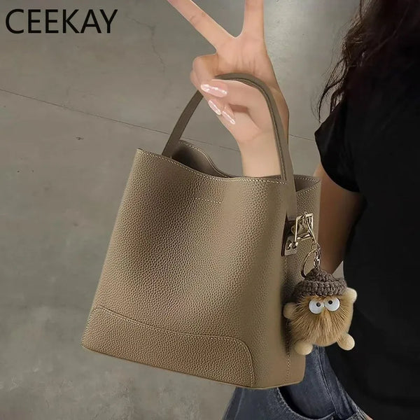 2026 New CEEKAY Khaki Leather Bucket Bag Minimalist Shoulder Bag with Cute Plush Pendant Casual Handbag for Women Bags for Women
