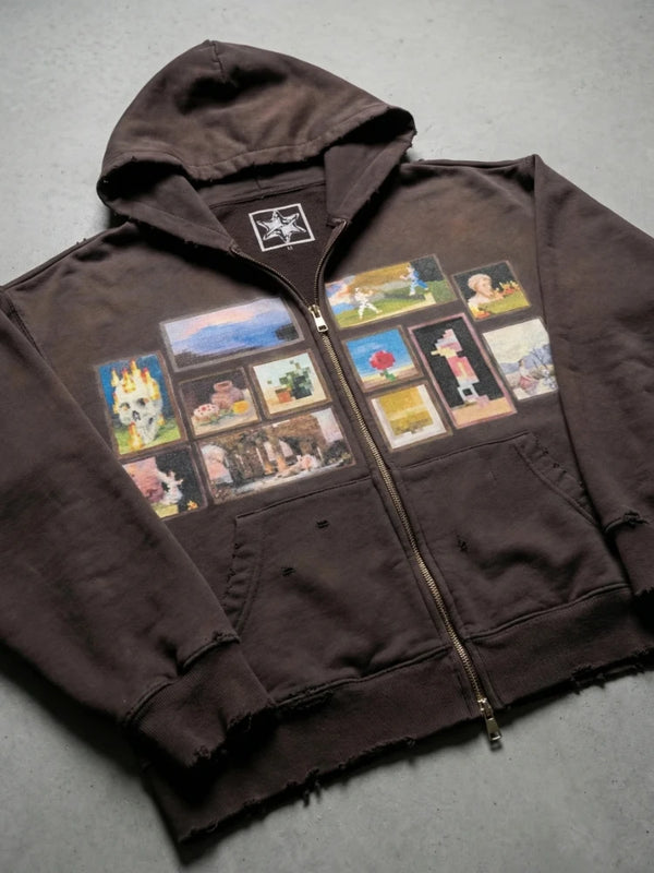Y2K Retro Gallery Hoodie Brown Pixel Painting Art Pattern Zip Up Sweatshirt Trendy Classic Streetwear Unisex Oversize Clothing