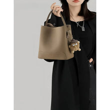 2026 New CEEKAY Khaki Leather Bucket Bag Minimalist Shoulder Bag with Cute Plush Pendant Casual Handbag for Women Bags for Women