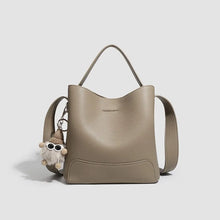 2026 New CEEKAY Khaki Leather Bucket Bag Minimalist Shoulder Bag with Cute Plush Pendant Casual Handbag for Women Bags for Women