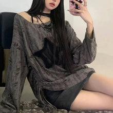 Y2K Hole Star Print T-Shirt Women Fashion Streetwear Off Shoulder Tops Summer Oversized Kpop Long Sleeve Loose Tees Ladies New