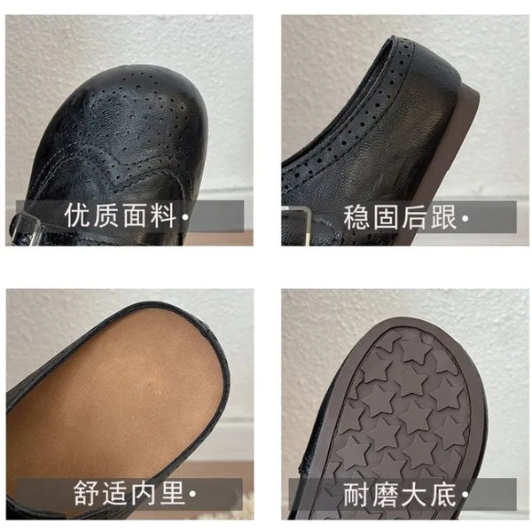 Women Retro Brogue Mule Clogs Round Toe Hollow‑Out Double Buckle Smooth Faux Leather Flat Slippers Spring Autumn Walking Shoes