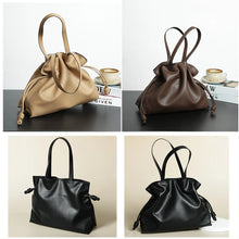 2025 High-End Women's Bucket Bag Lady Unique Drawstring Pleated Shoulder Bag Soft Split Cowhide Leather Cloud Tote Handbag New