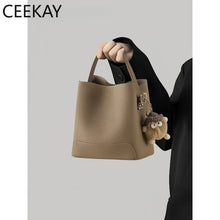2026 New CEEKAY Khaki Leather Bucket Bag Minimalist Shoulder Bag with Cute Plush Pendant Casual Handbag for Women Bags for Women