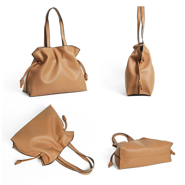 2025 High-End Women's Bucket Bag Lady Unique Drawstring Pleated Shoulder Bag Soft Split Cowhide Leather Cloud Tote Handbag New