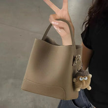 2026 New CEEKAY Khaki Leather Bucket Bag Minimalist Shoulder Bag with Cute Plush Pendant Casual Handbag for Women Bags for Women
