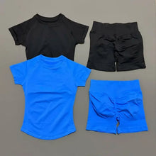 2 Pieces Sports Gym Sets Women Seamless Knitted Yoga Short Sleeve Top Fitness Set Workout Running Sports Short Leggings Suit
