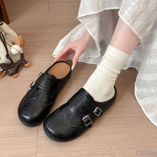 Women Retro Brogue Mule Clogs Round Toe Hollow‑Out Double Buckle Smooth Faux Leather Flat Slippers Spring Autumn Walking Shoes