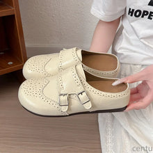 Women Retro Brogue Mule Clogs Round Toe Hollow‑Out Double Buckle Smooth Faux Leather Flat Slippers Spring Autumn Walking Shoes