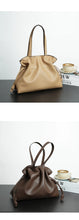 2025 High-End Women's Bucket Bag Lady Unique Drawstring Pleated Shoulder Bag Soft Split Cowhide Leather Cloud Tote Handbag New