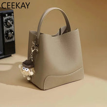 2026 New CEEKAY Khaki Leather Bucket Bag Minimalist Shoulder Bag with Cute Plush Pendant Casual Handbag for Women Bags for Women