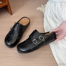 Women Retro Brogue Mule Clogs Round Toe Hollow‑Out Double Buckle Smooth Faux Leather Flat Slippers Spring Autumn Walking Shoes