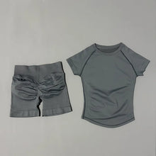 2 Pieces Sports Gym Sets Women Seamless Knitted Yoga Short Sleeve Top Fitness Set Workout Running Sports Short Leggings Suit