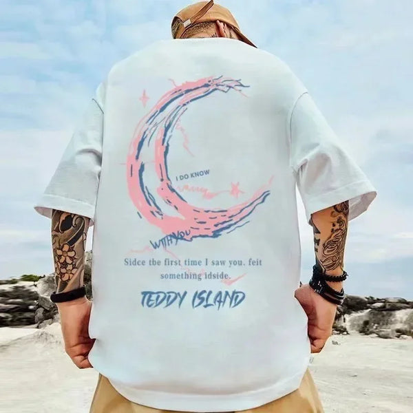 Men Oversized 8XL Tee Fashion T-shirt Loose American Vintage Pink Crescent Print Short Sleeve Versatile Trend Couple Outfit