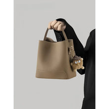 2026 New CEEKAY Khaki Leather Bucket Bag Minimalist Shoulder Bag with Cute Plush Pendant Casual Handbag for Women Bags for Women