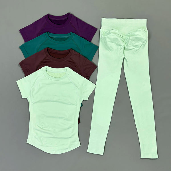 2Pcs HISTELLO Sportswear Sports Gym Set Short Sleeve Seamless Women Fitness Sets Workout Butt Lifting Sports Leggings Suit