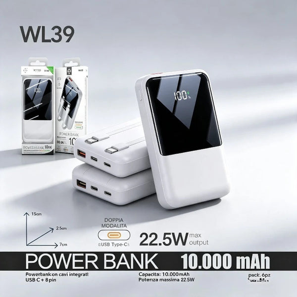 Models WL39, WL41, WL44, WL46, WL50, WL52 Slim Power Banks, 18W/22.5W PD Fast Charge, MagSafe Compatible, Built-in Lightning Type-C Cables, Dual Output Portable Charger for Mobile Devices