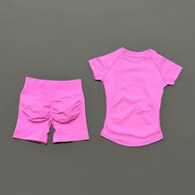 2 Pieces Sports Gym Sets Women Seamless Knitted Yoga Short Sleeve Top Fitness Set Workout Running Sports Short Leggings Suit