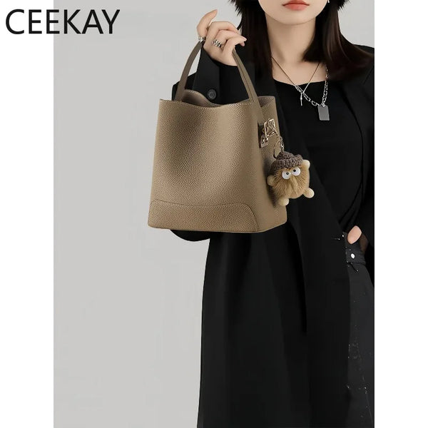 2026 New CEEKAY Khaki Leather Bucket Bag Minimalist Shoulder Bag with Cute Plush Pendant Casual Handbag for Women Bags for Women