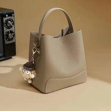 2026 New CEEKAY Khaki Leather Bucket Bag Minimalist Shoulder Bag with Cute Plush Pendant Casual Handbag for Women Bags for Women
