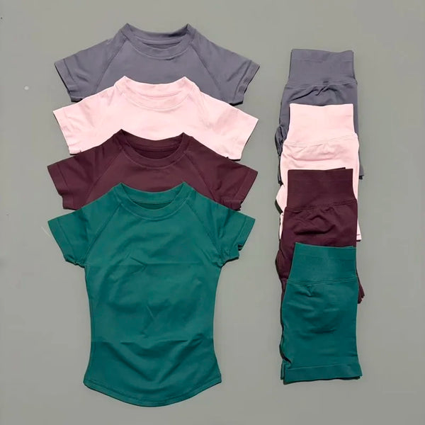 2 Pieces Sports Gym Sets Women Seamless Knitted Yoga Short Sleeve Top Fitness Set Workout Running Sports Short Leggings Suit